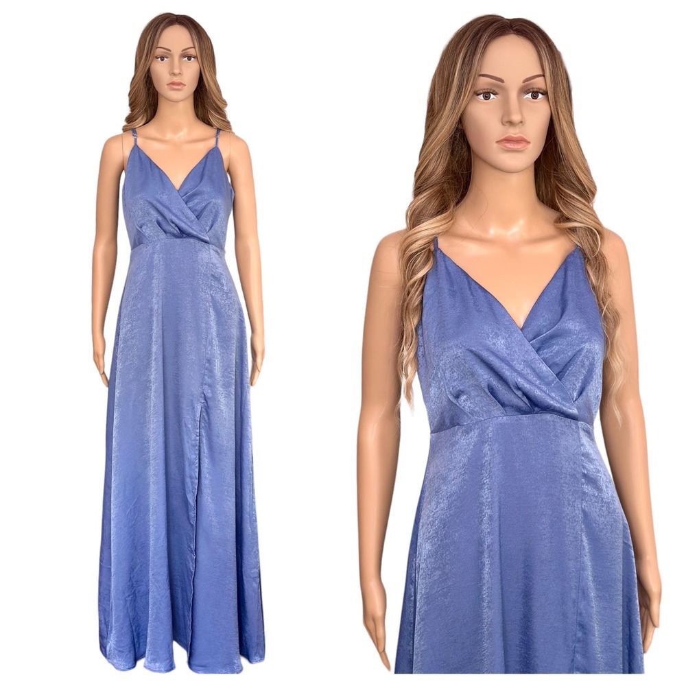 SOLD Lulus Constantine Slate Blue Satin Maxi Dress Gown Old Hollywood Medium - Picture 2 of 11
